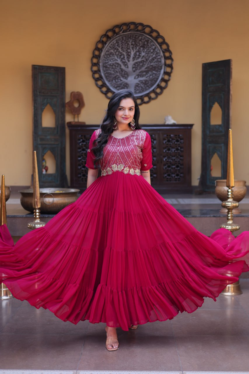 Premium Faux Blooming Zari Sequins Embroidered Gown for Women
