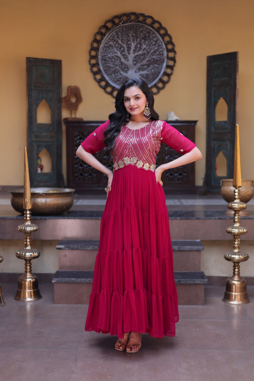 Premium Faux Blooming Zari Sequins Embroidered Gown for Women
