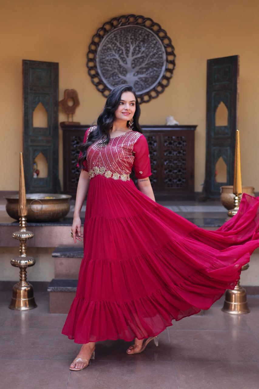 Premium Faux Blooming Zari Sequins Embroidered Gown for Women
