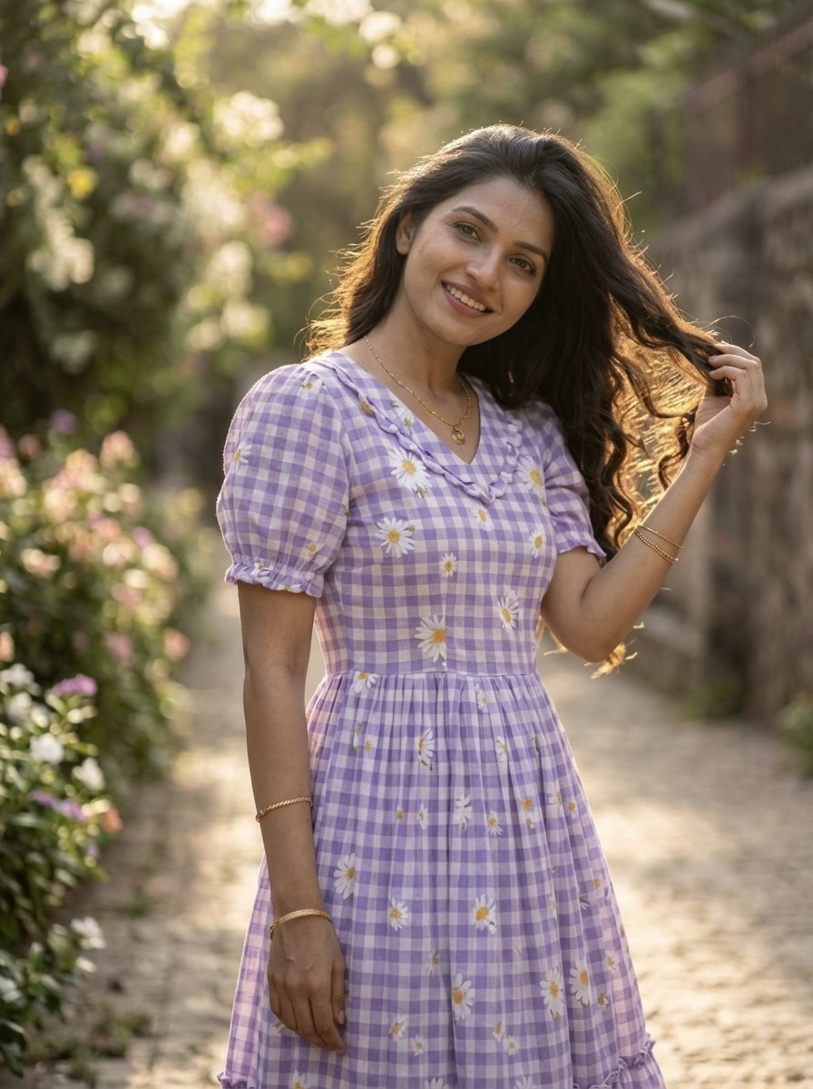 Trendy Muslin Silk Gingham Print Frill Pattern Kurti for Women

