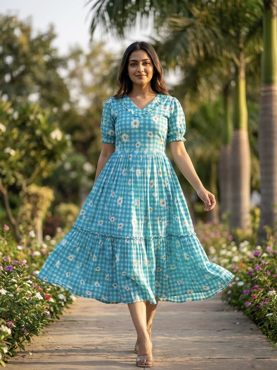 Trendy Muslin Silk Gingham Print Frill Pattern Kurti for Women
