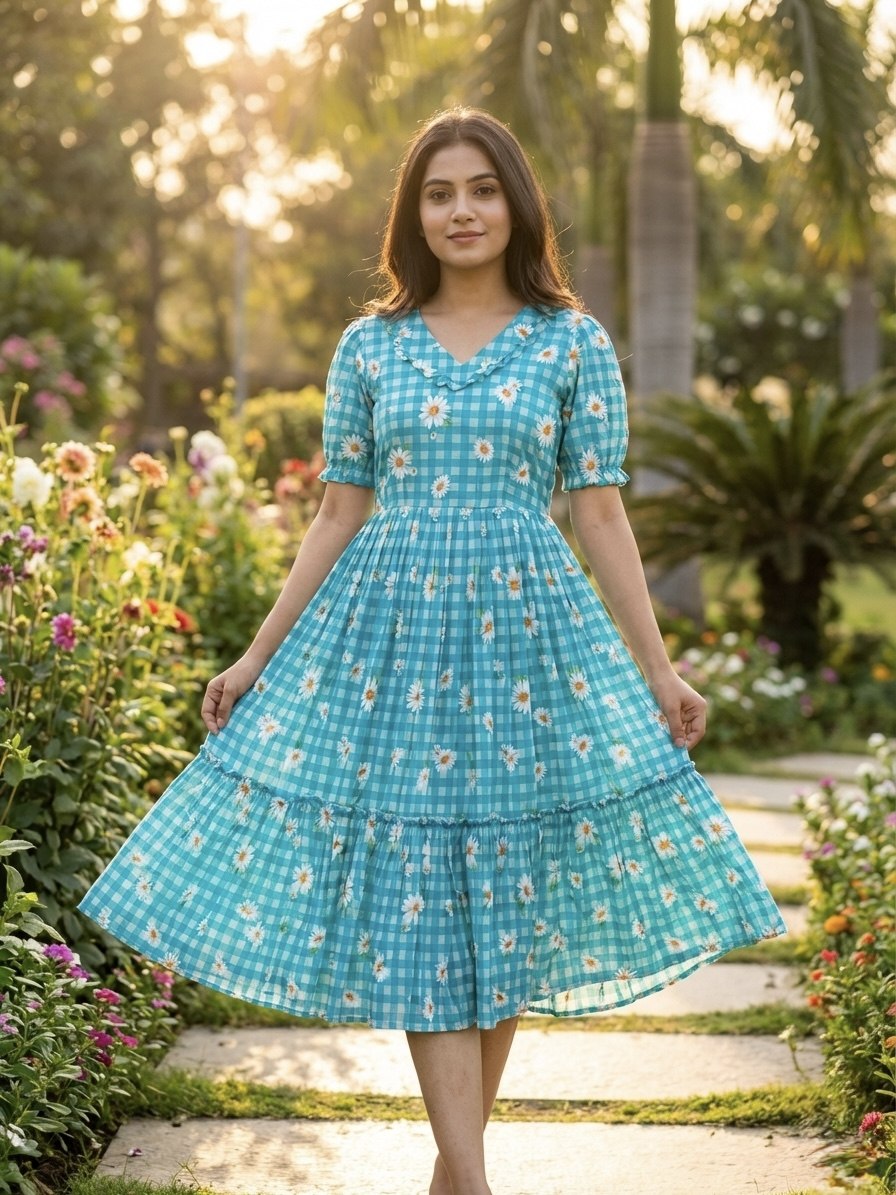 Trendy Muslin Silk Gingham Print Frill Pattern Kurti for Women
