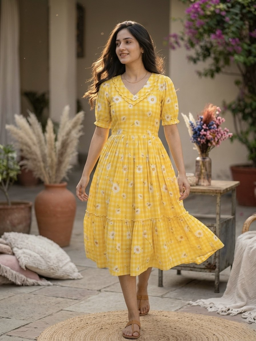 Trendy Muslin Silk Gingham Print Frill Pattern Kurti for Women
