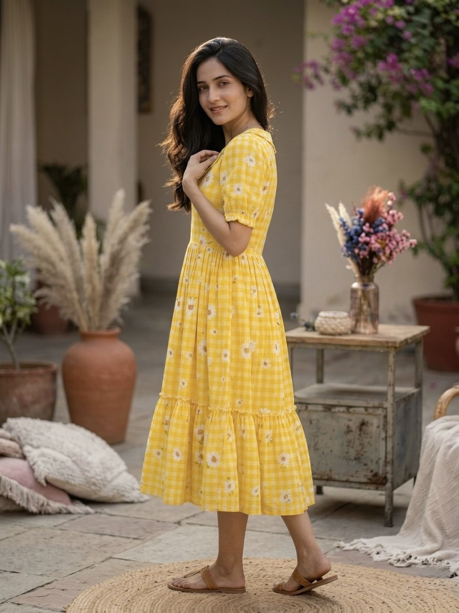 Trendy Muslin Silk Gingham Print Frill Pattern Kurti for Women
