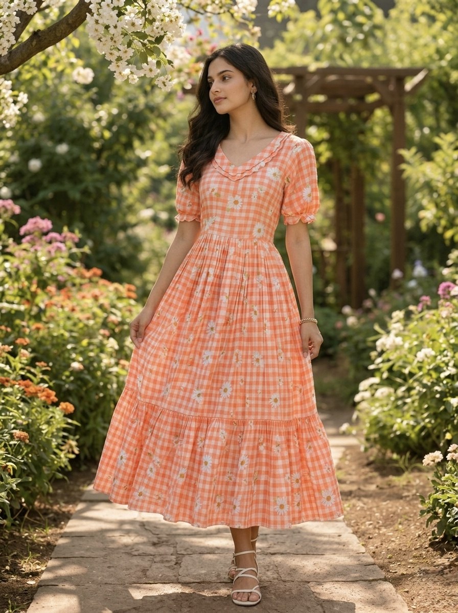 Trendy Muslin Silk Gingham Print Frill Pattern Kurti for Women
