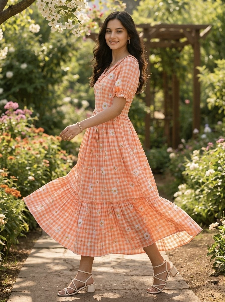 Trendy Muslin Silk Gingham Print Frill Pattern Kurti for Women
