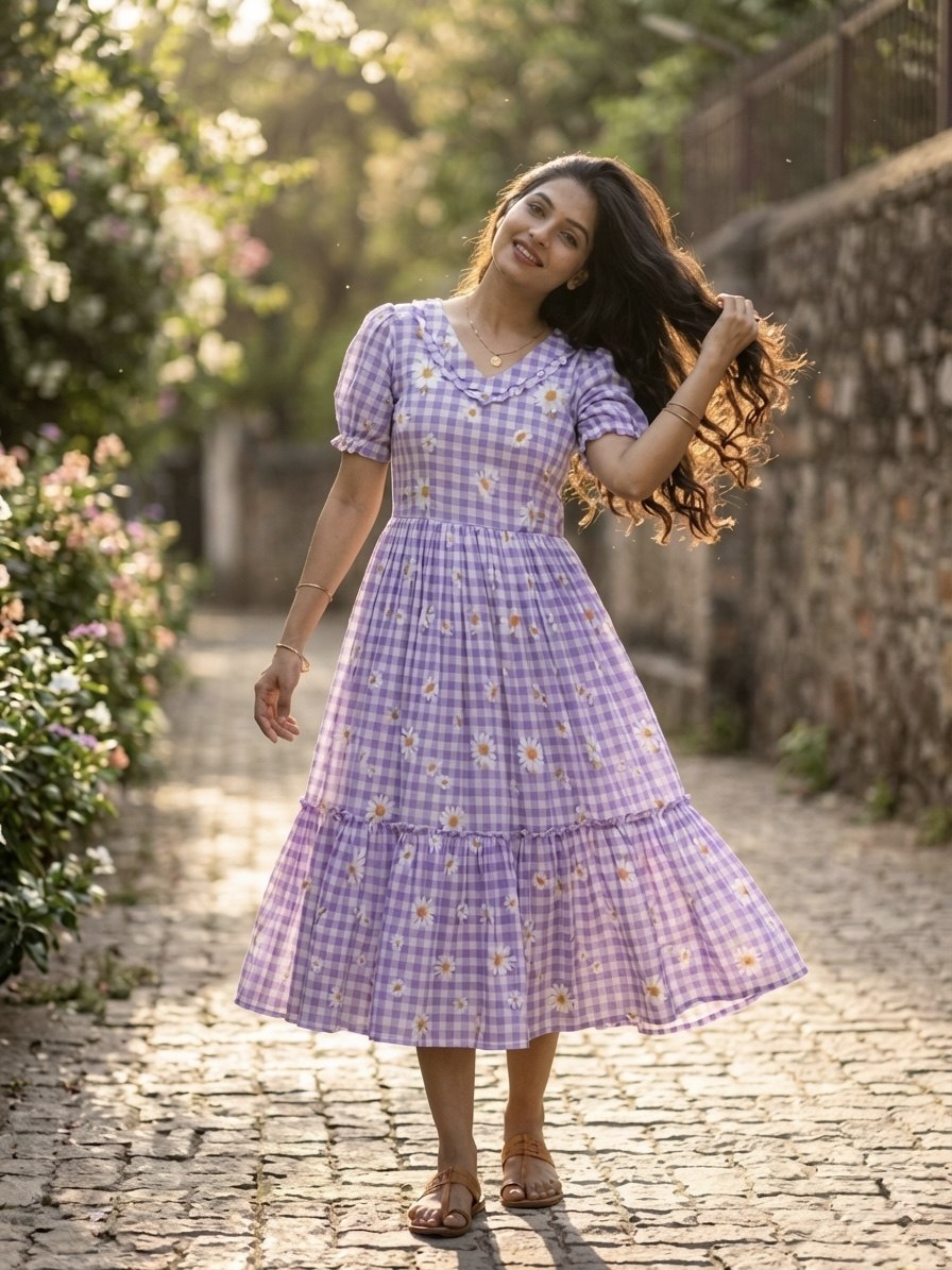 Trendy Muslin Silk Gingham Print Frill Pattern Kurti for Women
