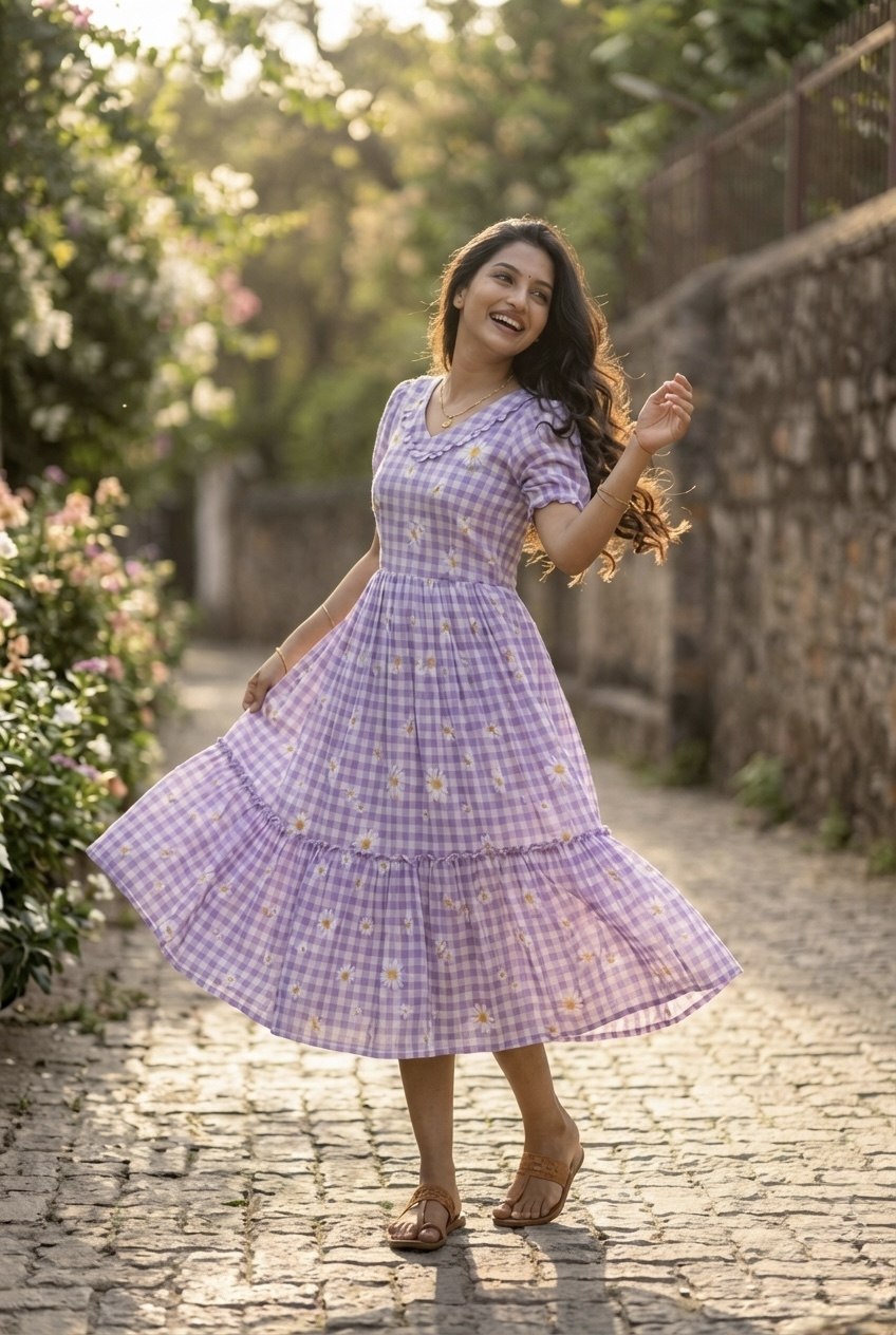 Trendy Muslin Silk Gingham Print Frill Pattern Kurti for Women
