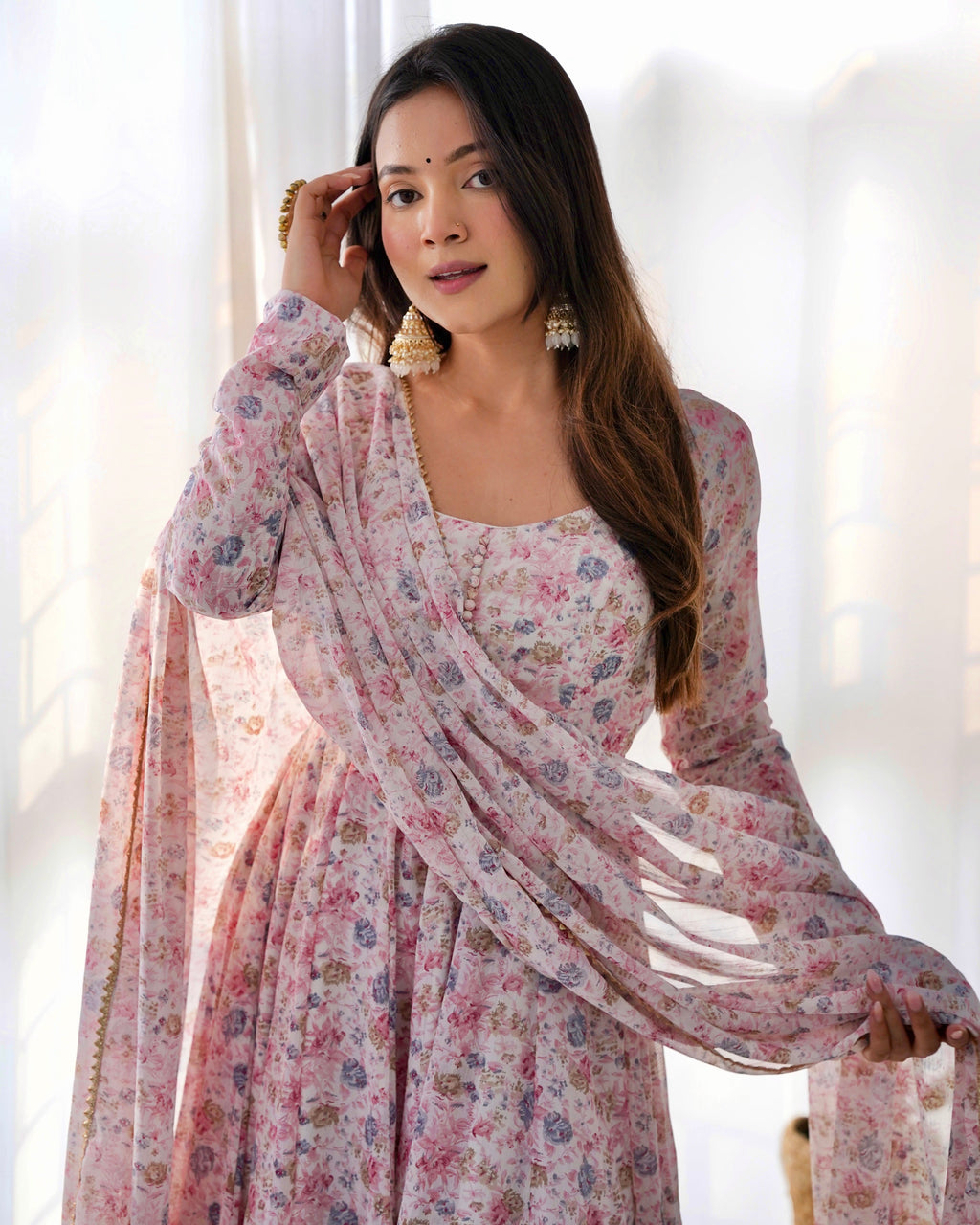 Digitally Printed Pure Chiffon Anarkali Suit With Huge Flair Comes With Duppatta & Pant
