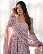 Digitally Printed Pure Chiffon Anarkali Suit With Huge Flair Comes With Duppatta & Pant
