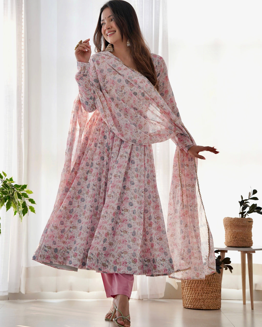 Digitally Printed Pure Chiffon Anarkali Suit With Huge Flair Comes With Duppatta & Pant
