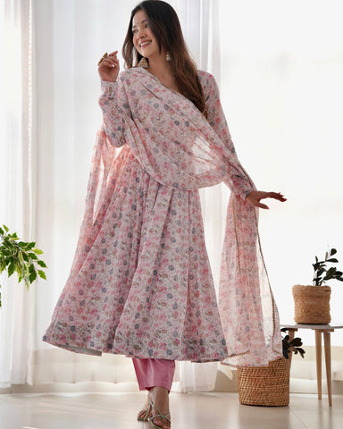 Digitally Printed Pure Chiffon Anarkali Suit With Huge Flair Comes With Duppatta & Pant
