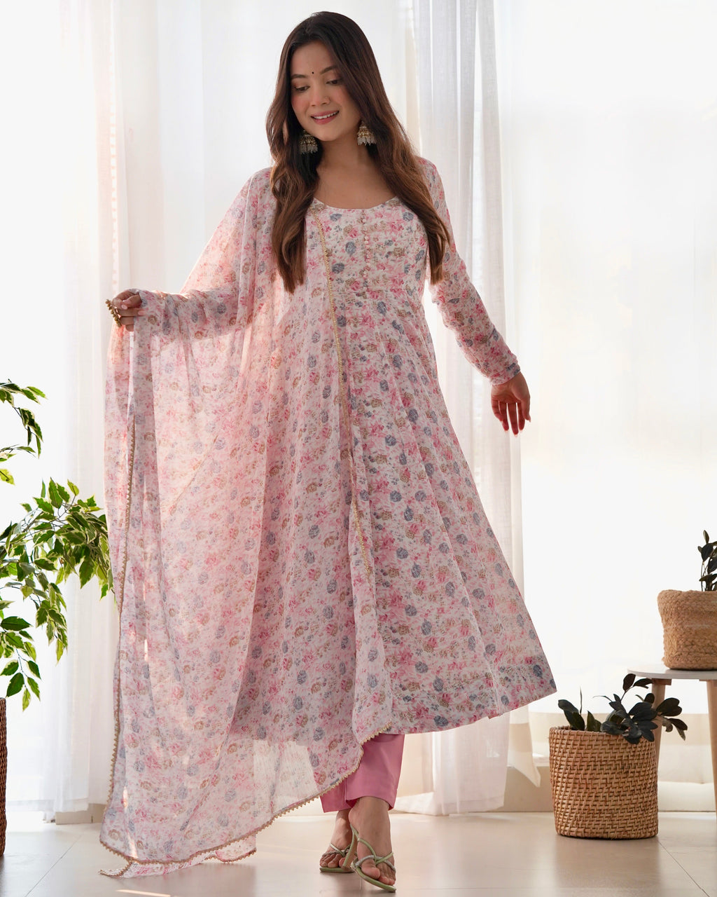 Digitally Printed Pure Chiffon Anarkali Suit With Huge Flair Comes With Duppatta & Pant
