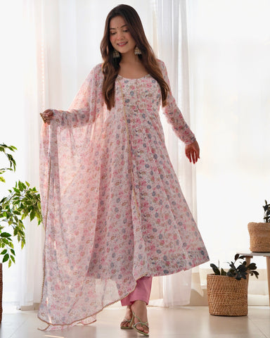 Digitally Printed Pure Chiffon Anarkali Suit With Huge Flair Comes With Duppatta & Pant
