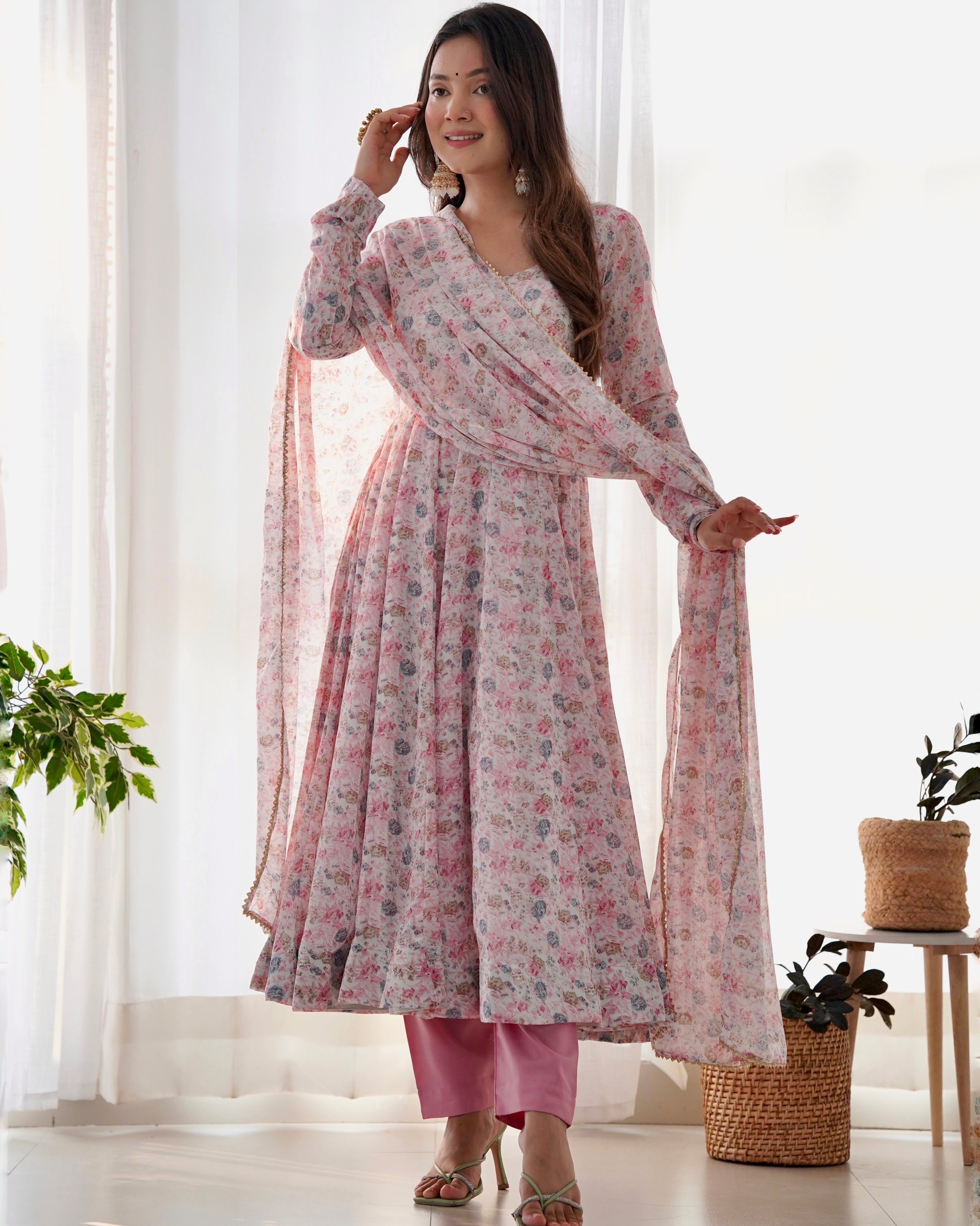 Digitally Printed Pure Chiffon Anarkali Suit With Huge Flair Comes With Duppatta & Pant
