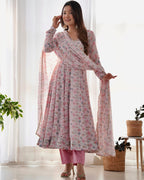Digitally Printed Pure Chiffon Anarkali Suit With Huge Flair Comes With Duppatta & Pant
