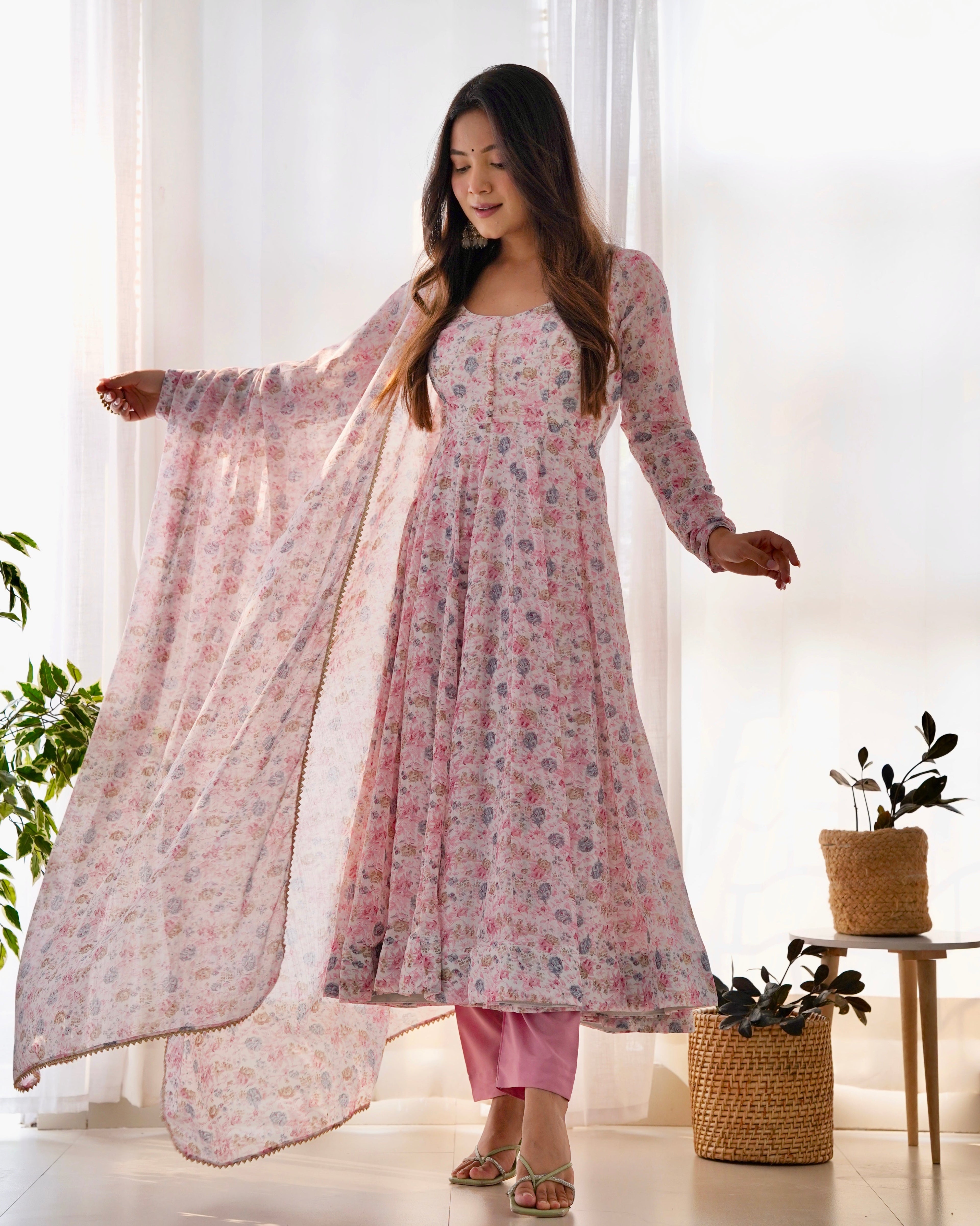 Digitally Printed Pure Chiffon Anarkali Suit With Huge Flair Comes With Duppatta & Pant
