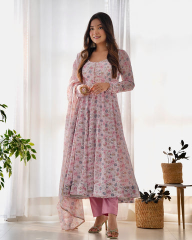 Digitally Printed Pure Chiffon Anarkali Suit With Huge Flair Comes With Duppatta & Pant
