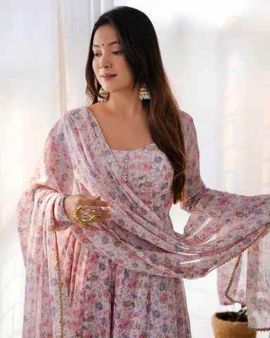 Digitally Printed Pure Chiffon Anarkali Suit With Huge Flair Comes With Duppatta & Pant
