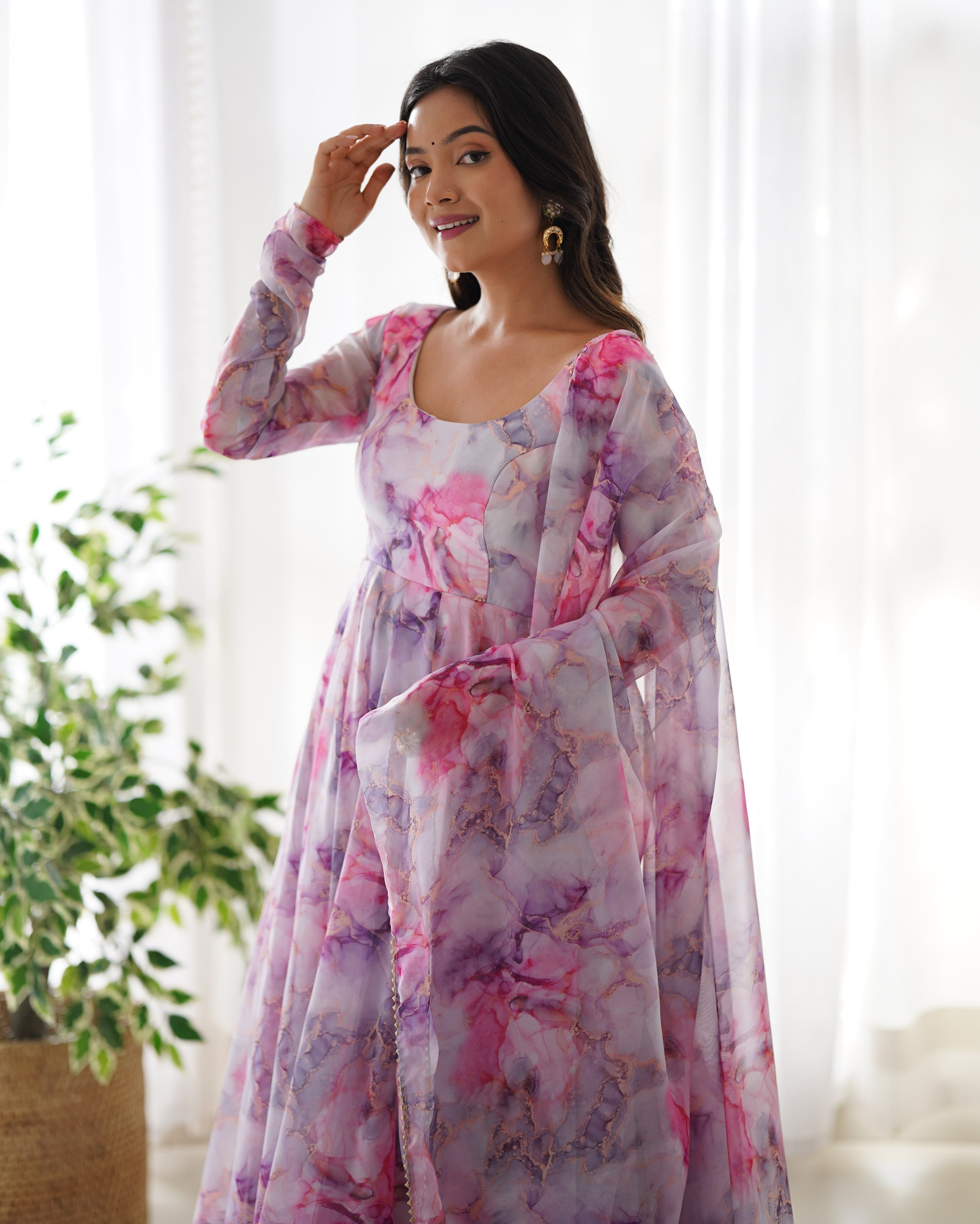 Digitally Printed Pure Soft Organza Anarkali Suit With Huge Flair Comes With Duppatta & Pant