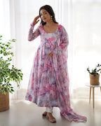 
Digitally Printed Pure Soft Organza Anarkali Suit With Huge Flair Comes With Duppatta & Pant
