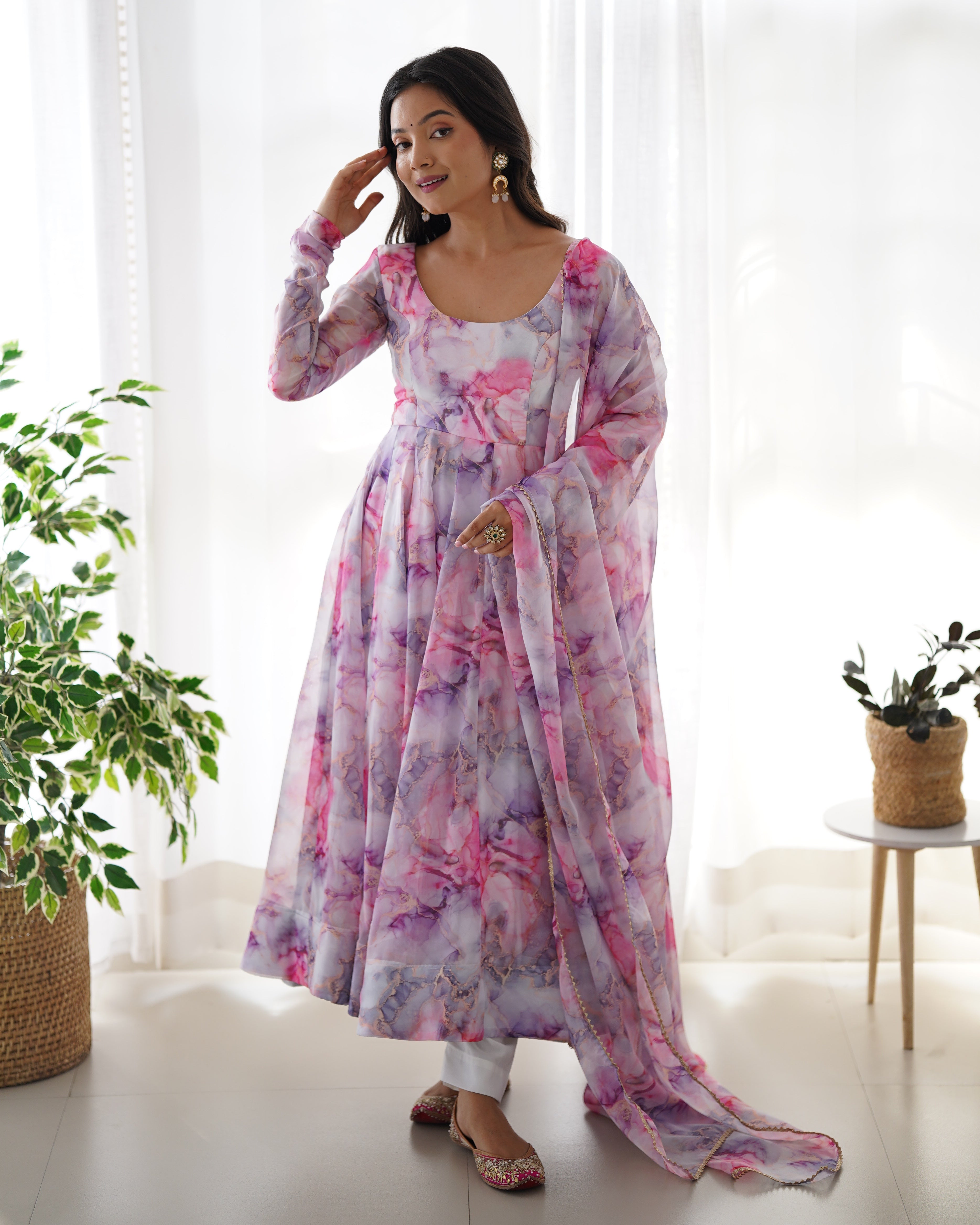 
Digitally Printed Pure Soft Organza Anarkali Suit With Huge Flair Comes With Duppatta & Pant