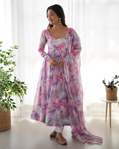 
Digitally Printed Pure Soft Organza Anarkali Suit With Huge Flair Comes With Duppatta & Pant