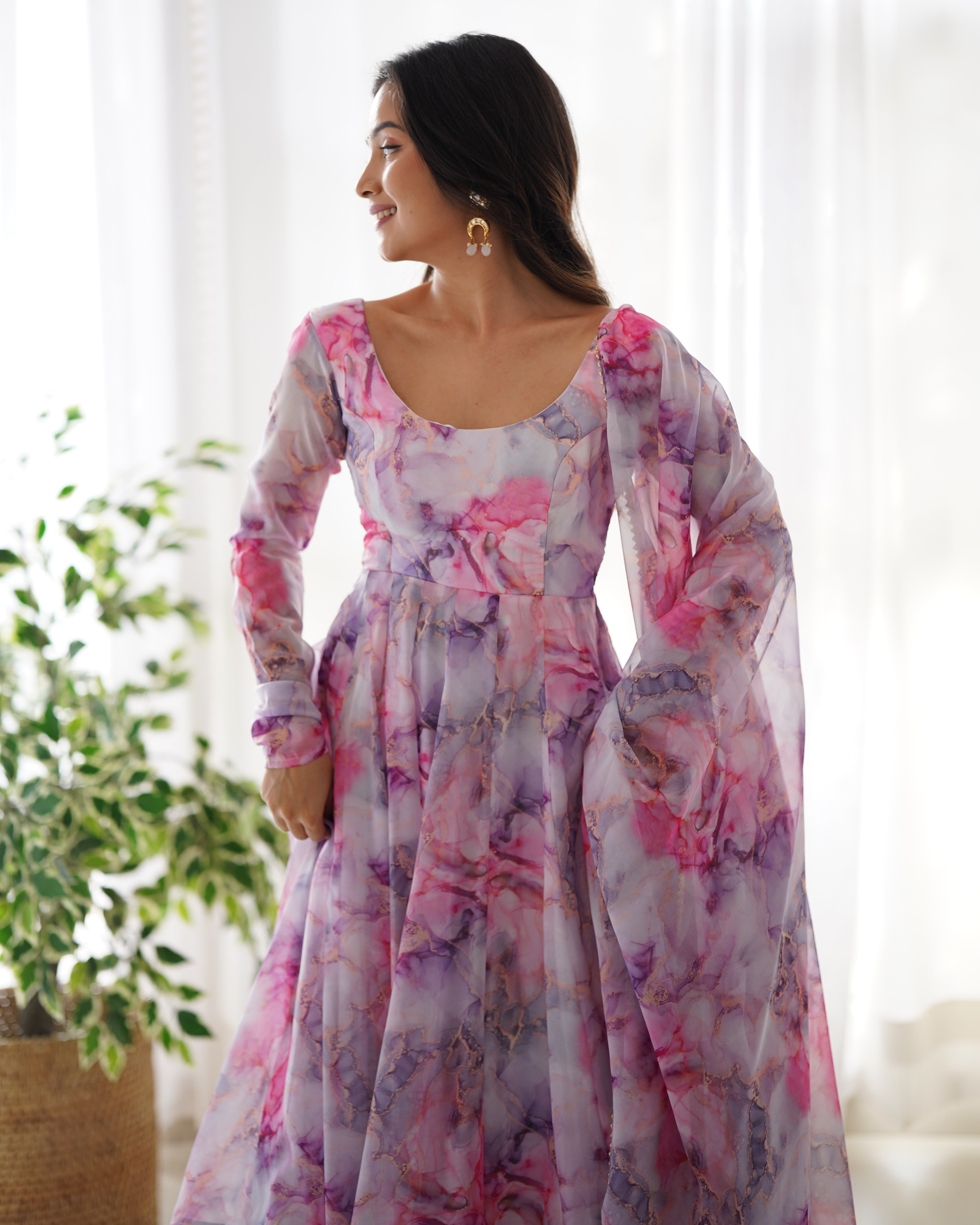 Digitally Printed Pure Soft Organza Anarkali Suit With Huge Flair Comes With Duppatta & Pant
