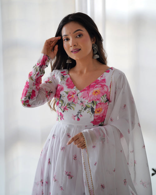 Digitally Printed Pure Soft Organza Anarkali Suit With Huge Flair Comes With Duppatta & Pant
