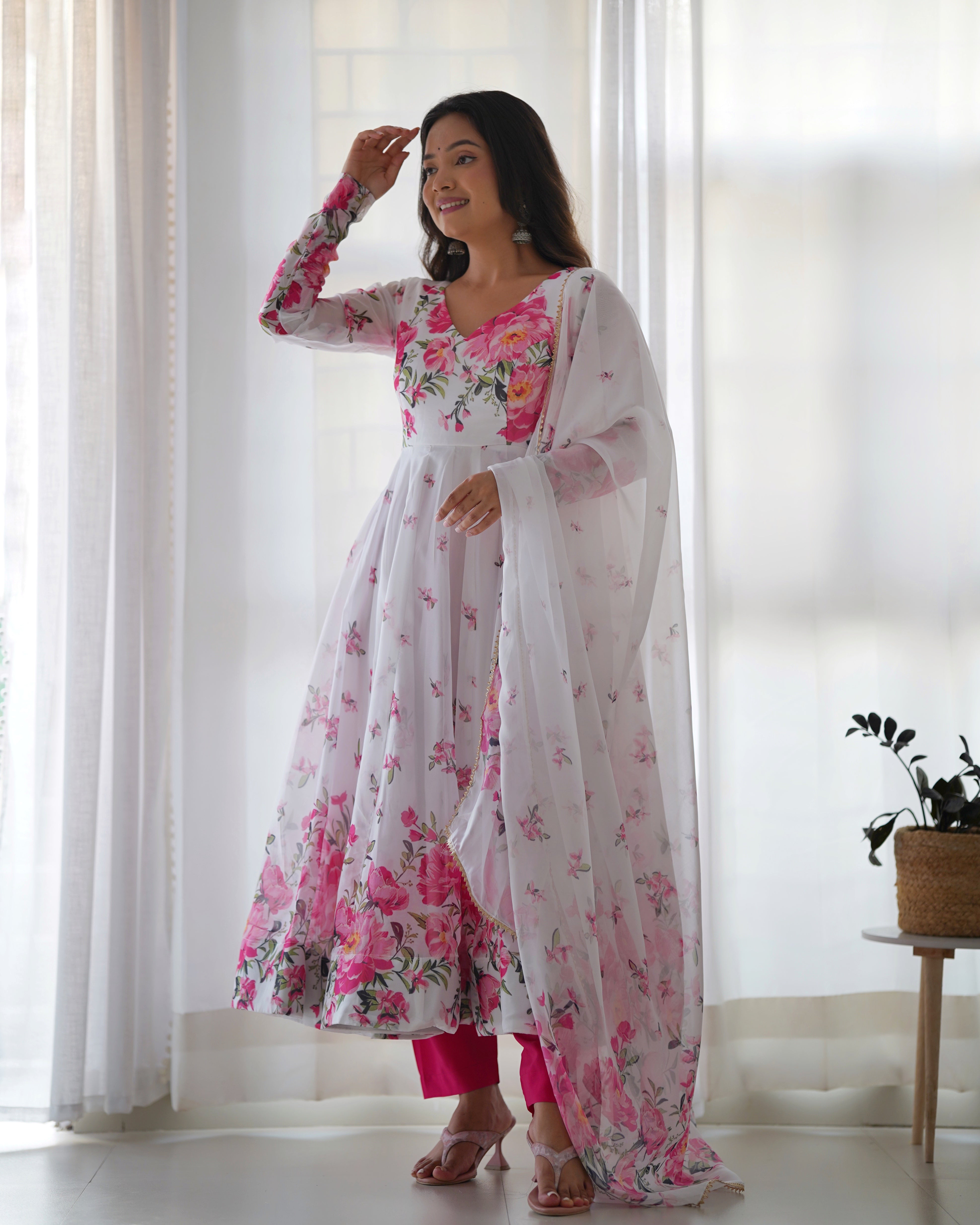 Digitally Printed Pure Soft Organza Anarkali Suit With Huge Flair Comes With Duppatta & Pant
