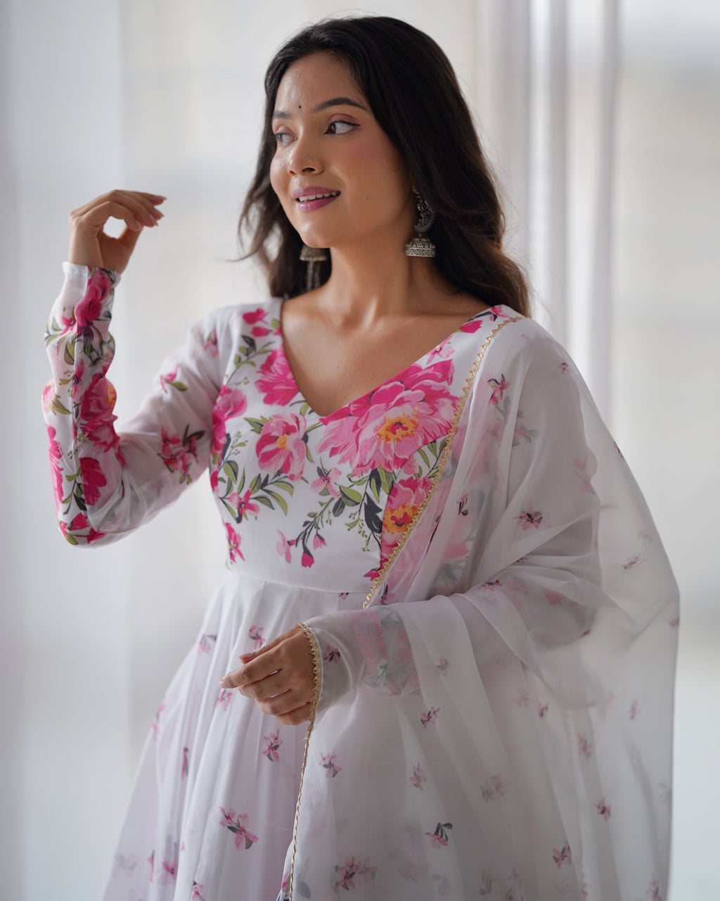 Digitally Printed Pure Soft Organza Anarkali Suit With Huge Flair Comes With Duppatta & Pant
