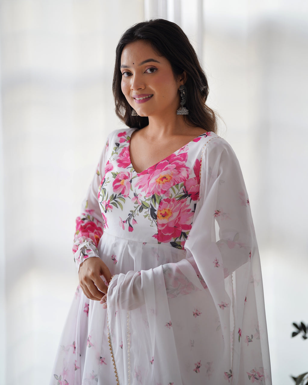 Digitally Printed Pure Soft Organza Anarkali Suit With Huge Flair Comes With Duppatta & Pant

