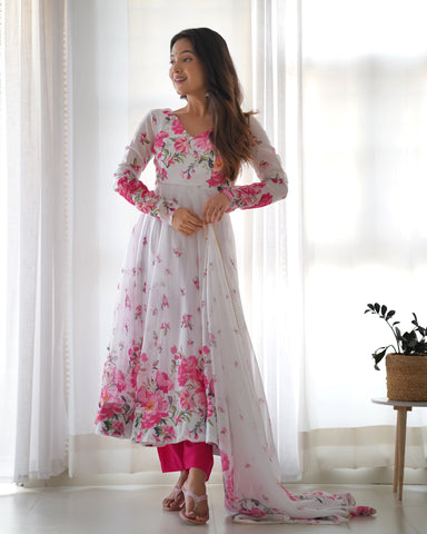 Digitally Printed Pure Soft Organza Anarkali Suit With Huge Flair Comes With Duppatta & Pant
