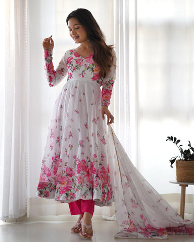 Digitally Printed Pure Soft Organza Anarkali Suit With Huge Flair Comes With Duppatta & Pant
