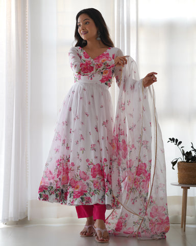 Digitally Printed Pure Soft Organza Anarkali Suit With Huge Flair Comes With Duppatta & Pant
