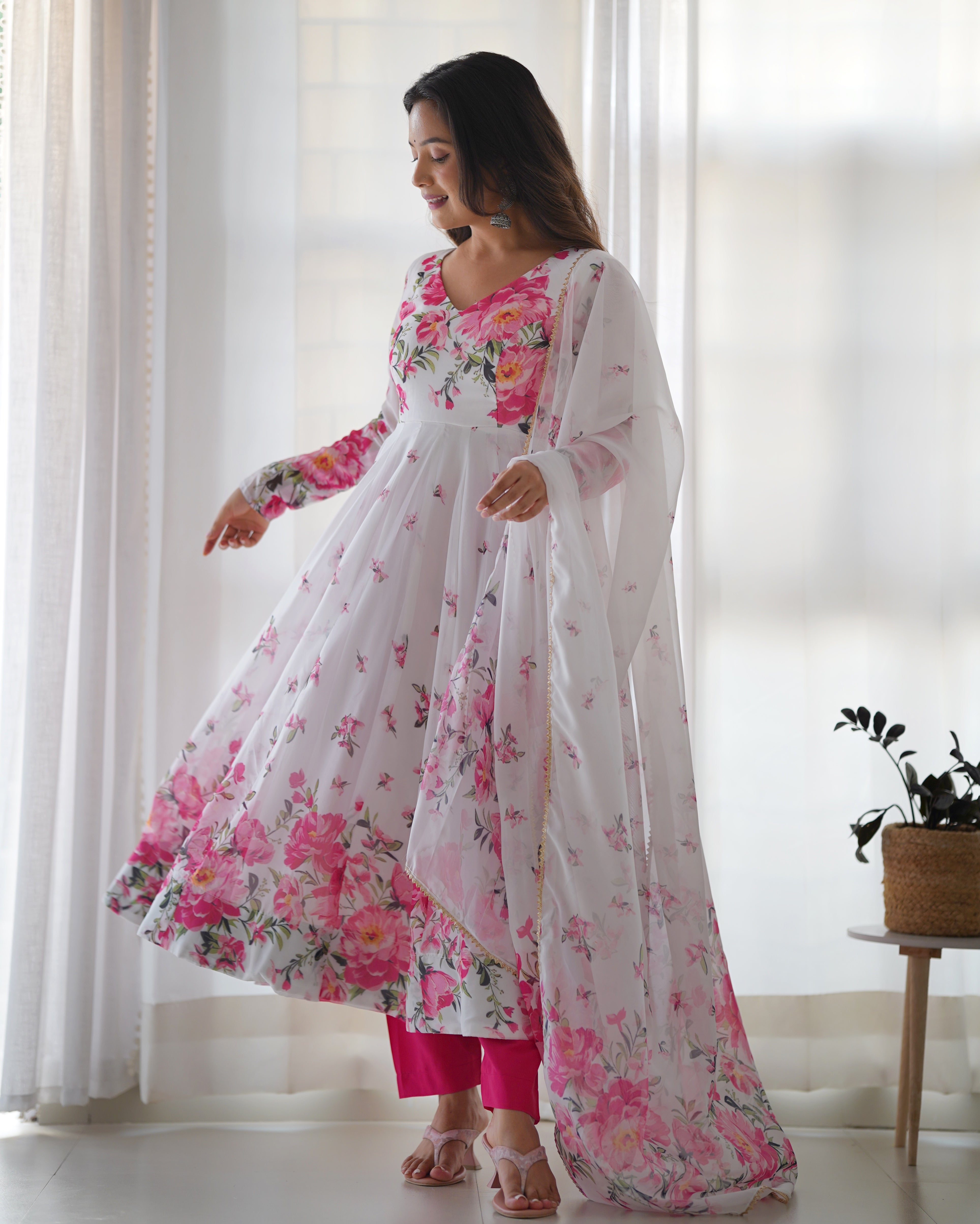 Digitally Printed Pure Soft Organza Anarkali Suit With Huge Flair Comes With Duppatta & Pant
