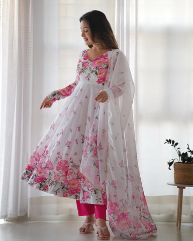 Digitally Printed Pure Soft Organza Anarkali Suit With Huge Flair Comes With Duppatta & Pant
