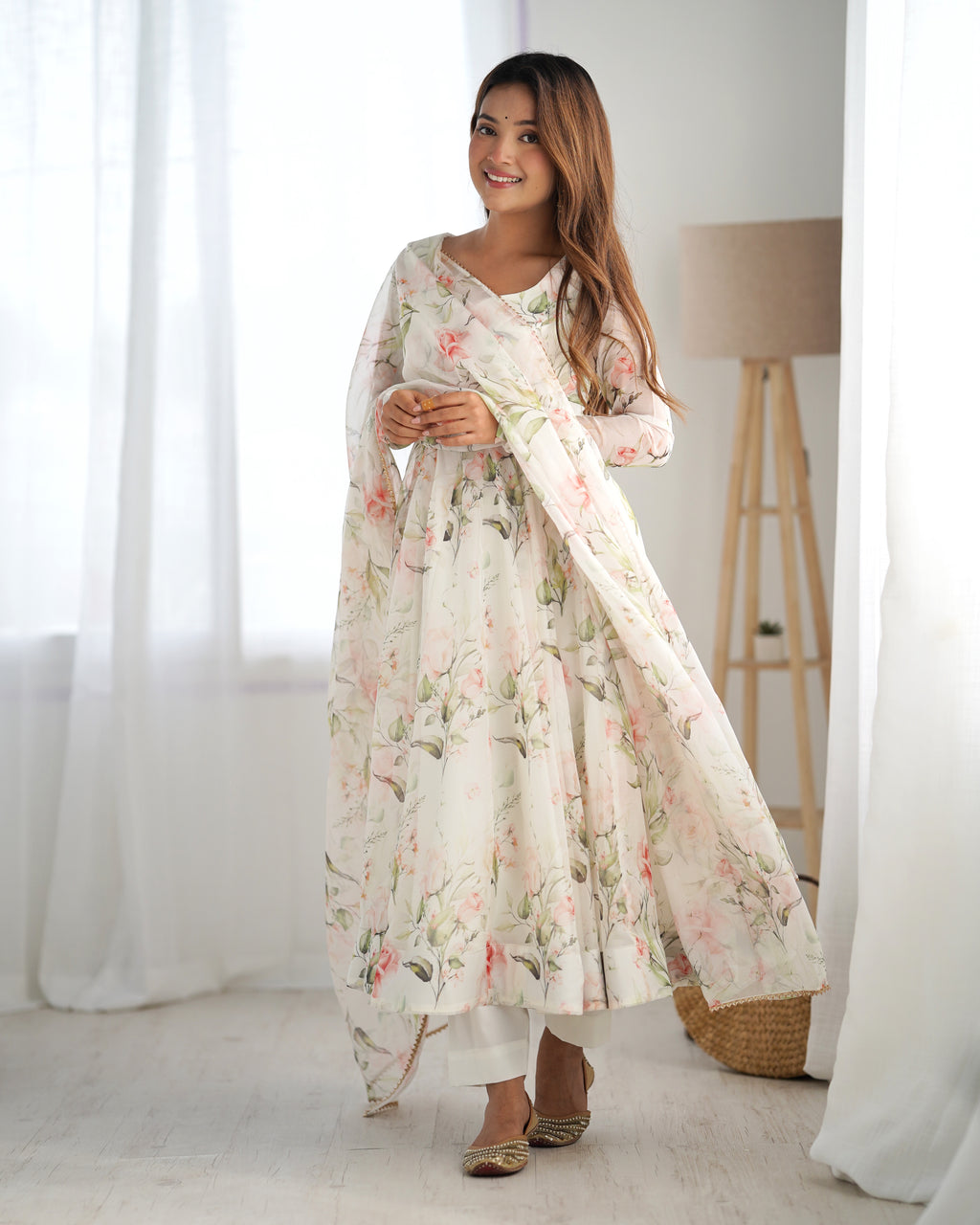 Digitally Printed Pure Soft Organza Anarkali Suit With Huge Flair Comes With Duppatta & Pant
