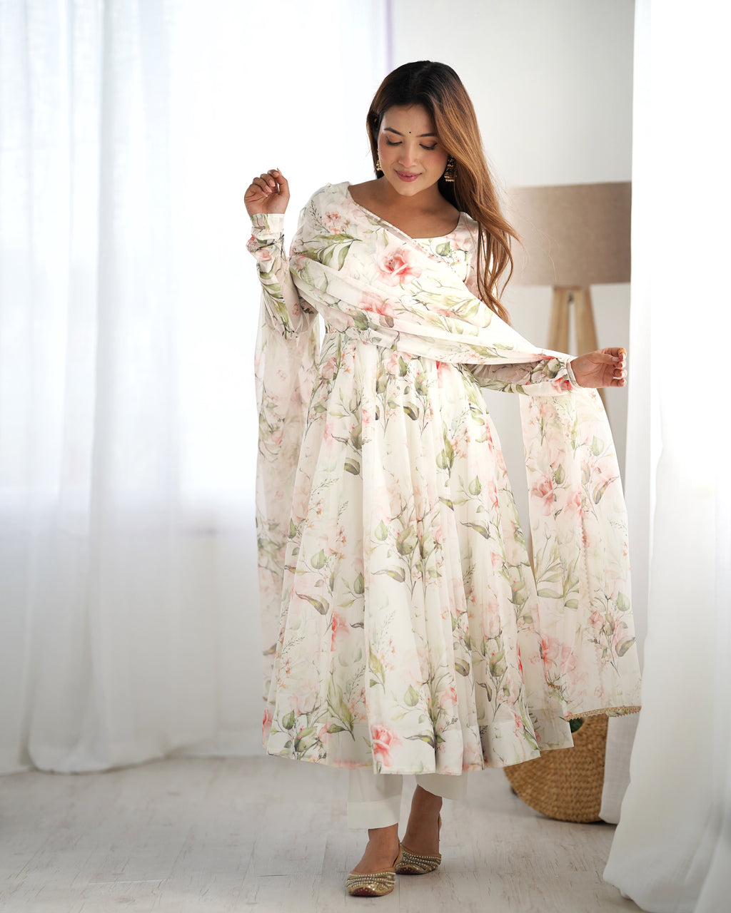Digitally Printed Pure Soft Organza Anarkali Suit With Huge Flair Comes With Duppatta & Pant
