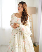 Digitally Printed Pure Soft Organza Anarkali Suit With Huge Flair Comes With Duppatta & Pant

