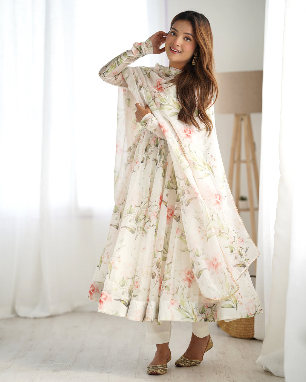 Digitally Printed Pure Soft Organza Anarkali Suit With Huge Flair Comes With Duppatta & Pant
