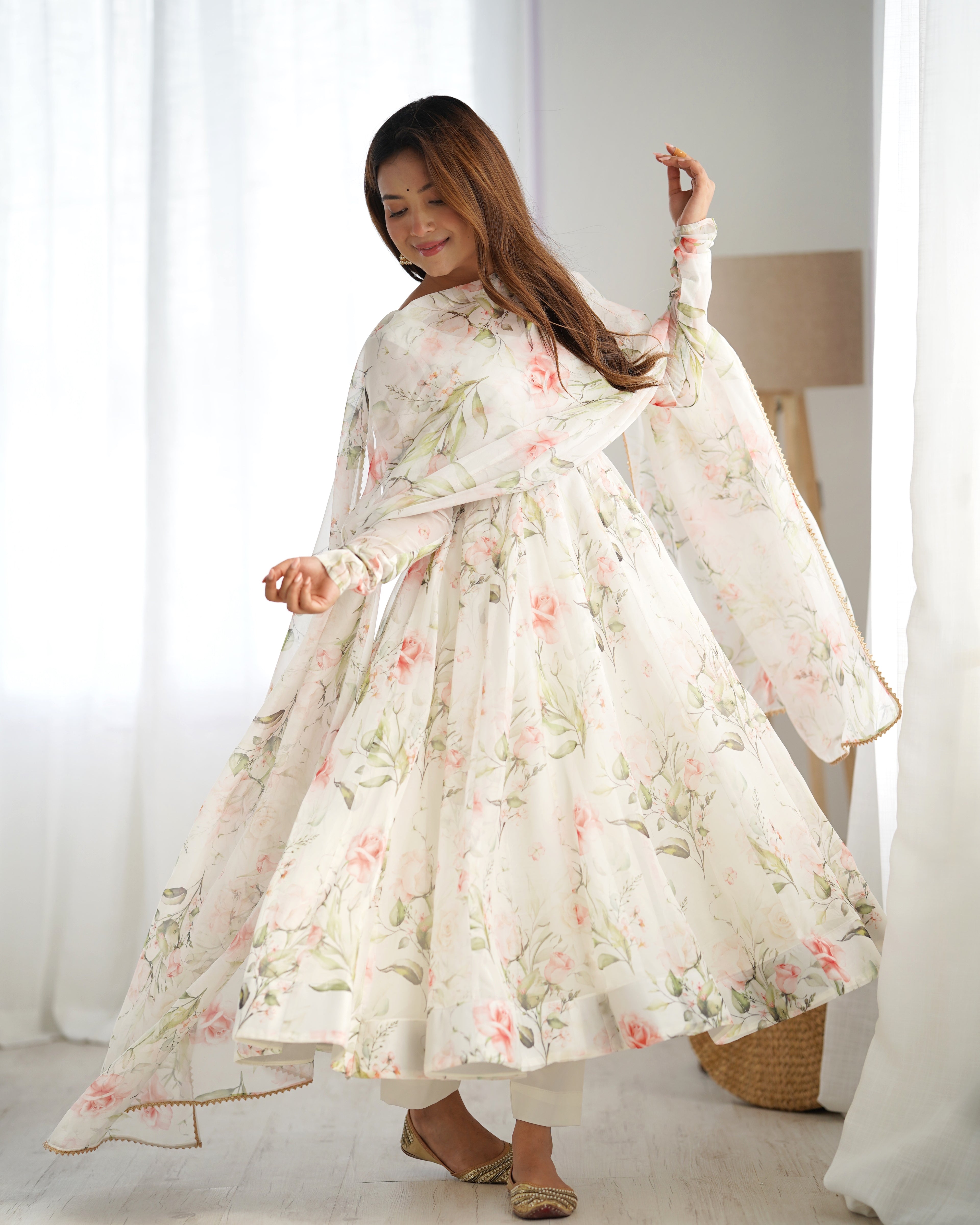 Digitally Printed Pure Soft Organza Anarkali Suit With Huge Flair Comes With Duppatta & Pant
