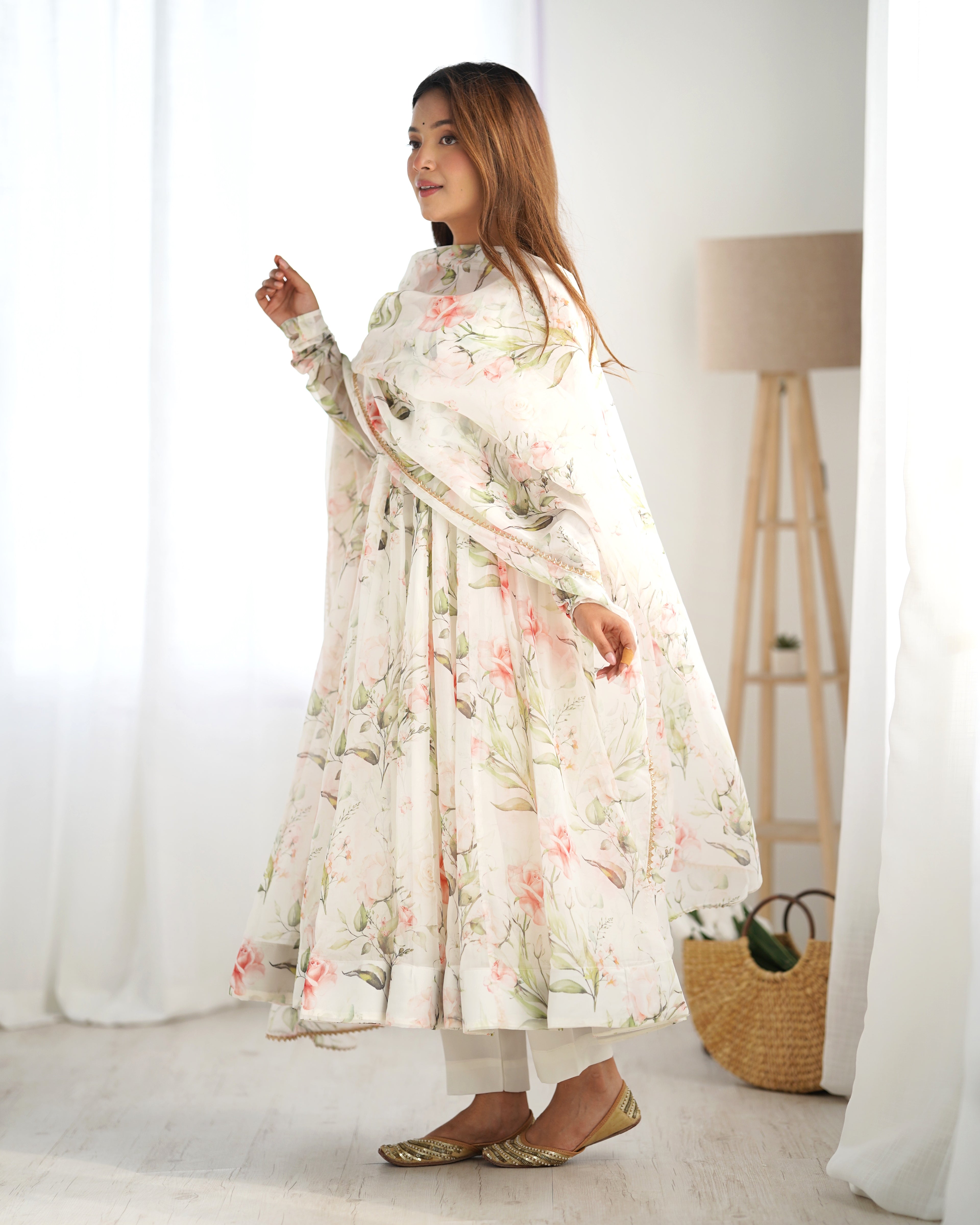 Digitally Printed Pure Soft Organza Anarkali Suit With Huge Flair Comes With Duppatta & Pant
