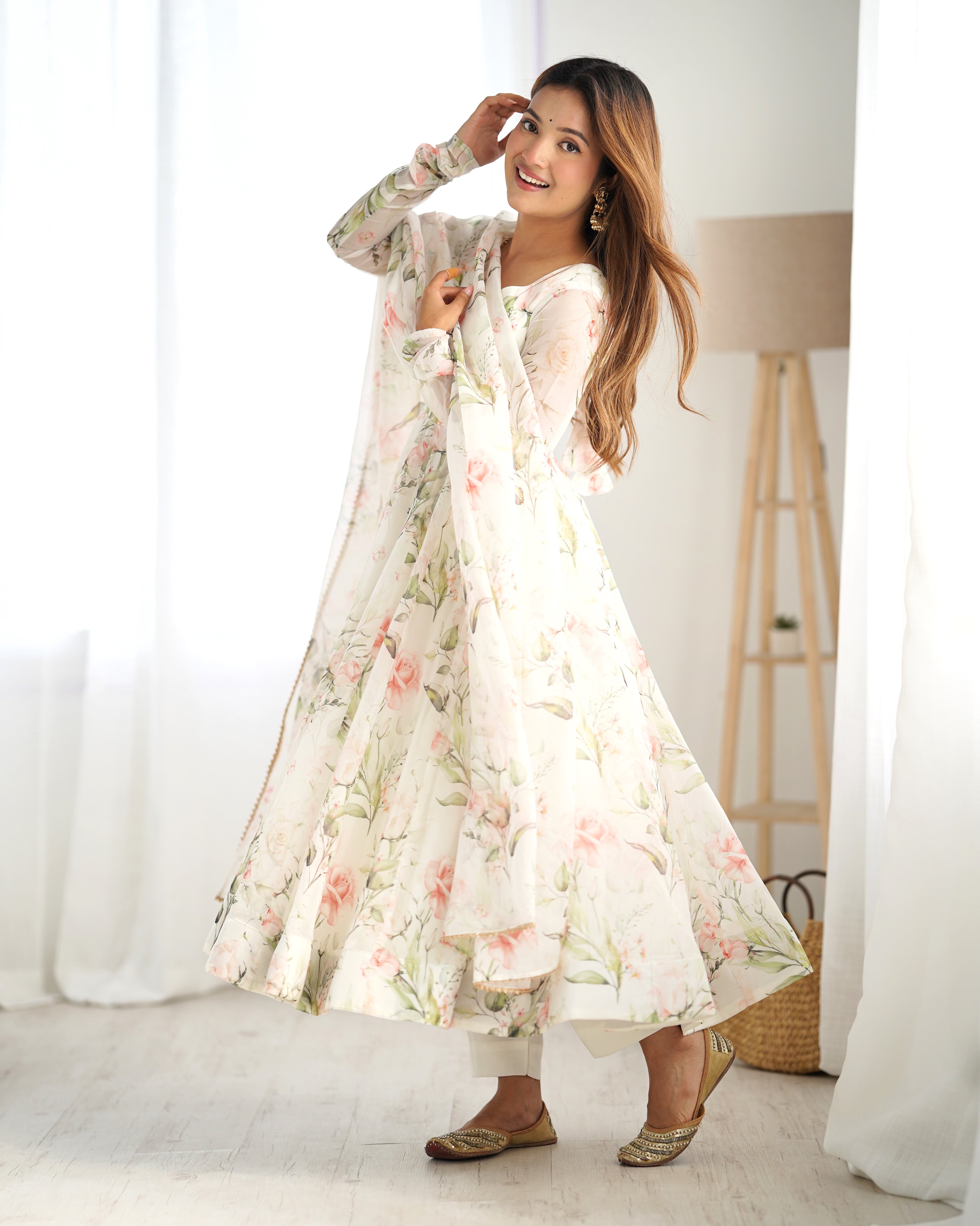 Digitally Printed Pure Soft Organza Anarkali Suit With Huge Flair Comes With Duppatta & Pant
