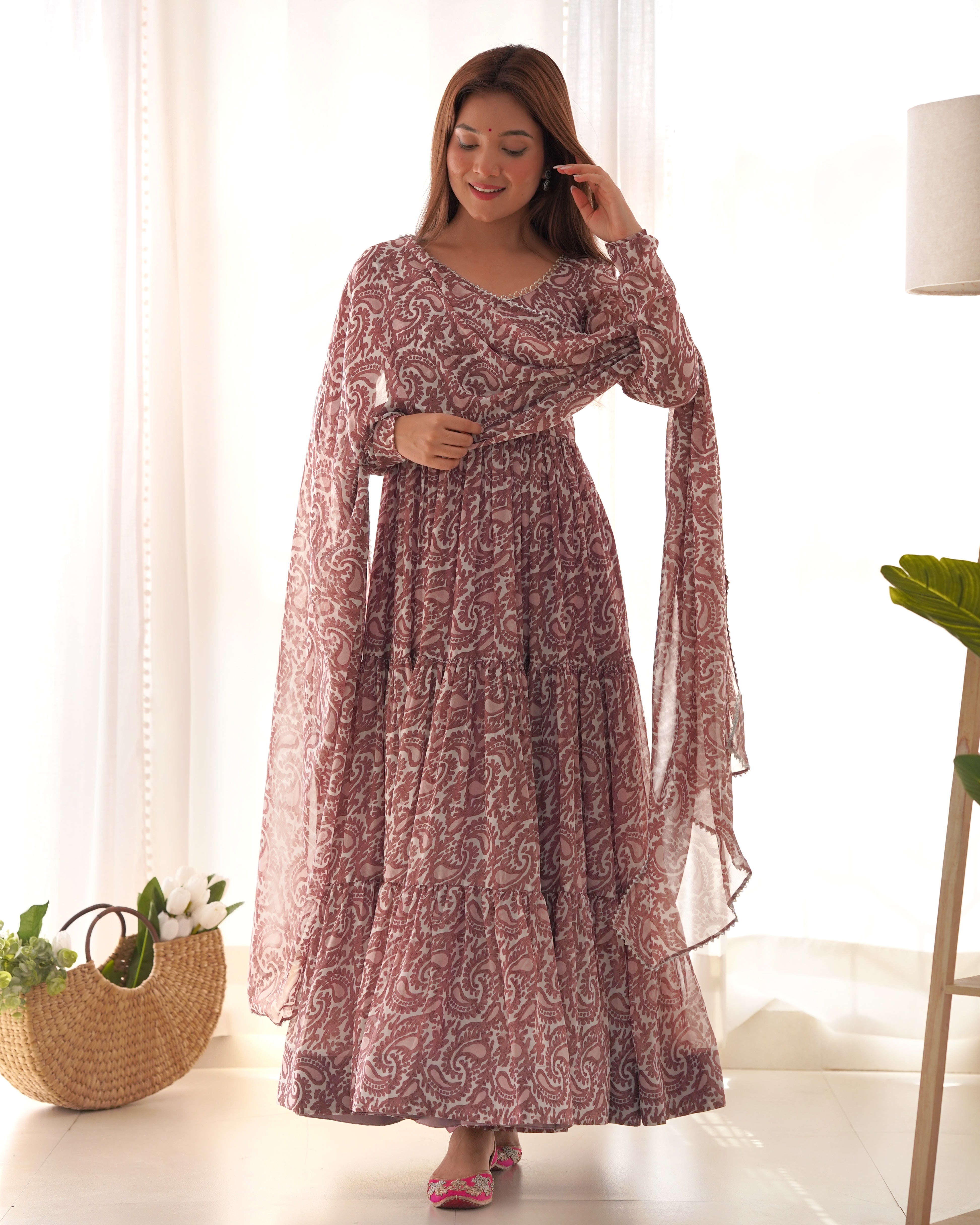 Digitally Printed Pure Soft Organza Anarkali Suit With Huge Flair Comes With Duppatta & Pant 