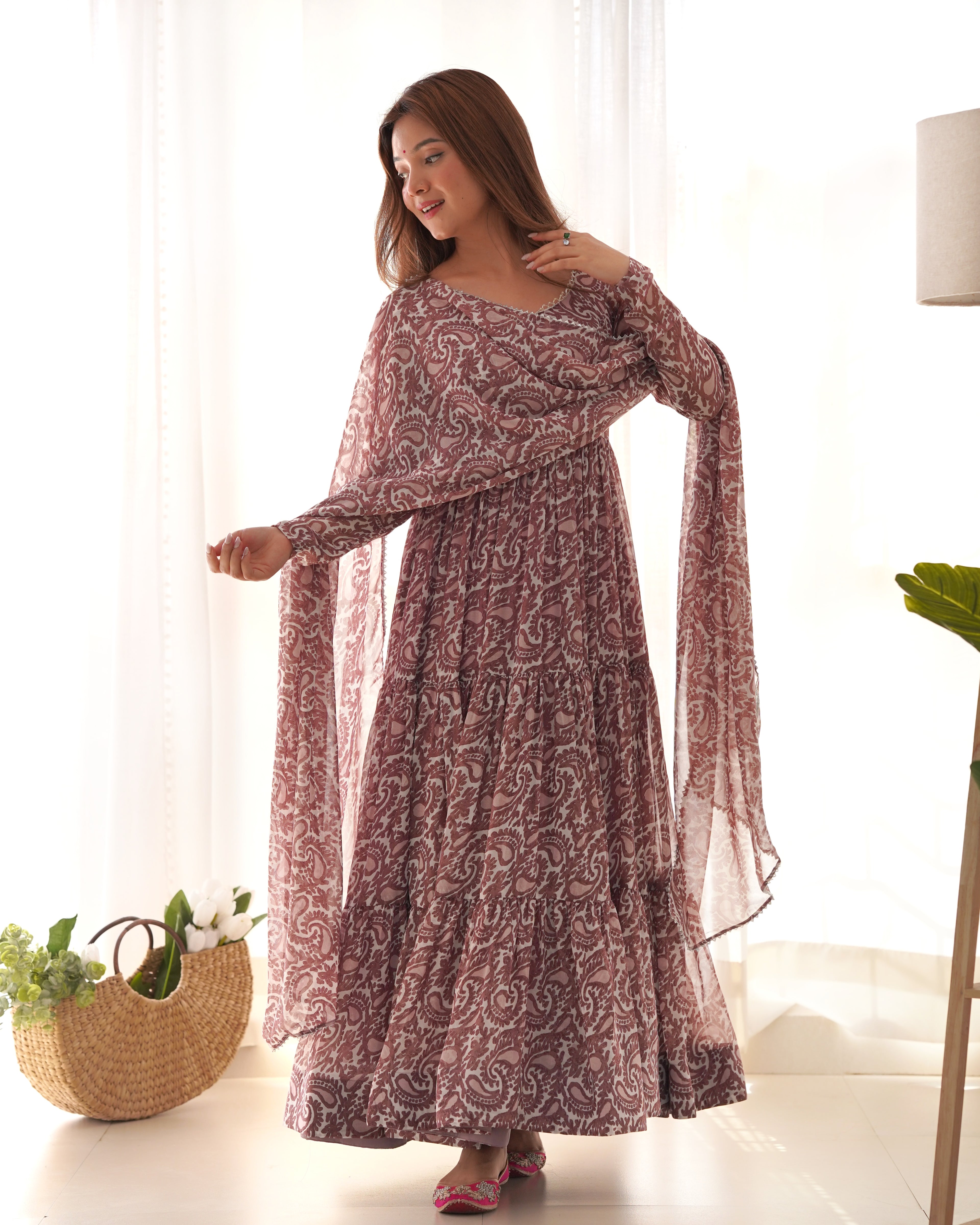 Digitally Printed Pure Soft Organza Anarkali Suit With Huge Flair Comes With Duppatta & Pant