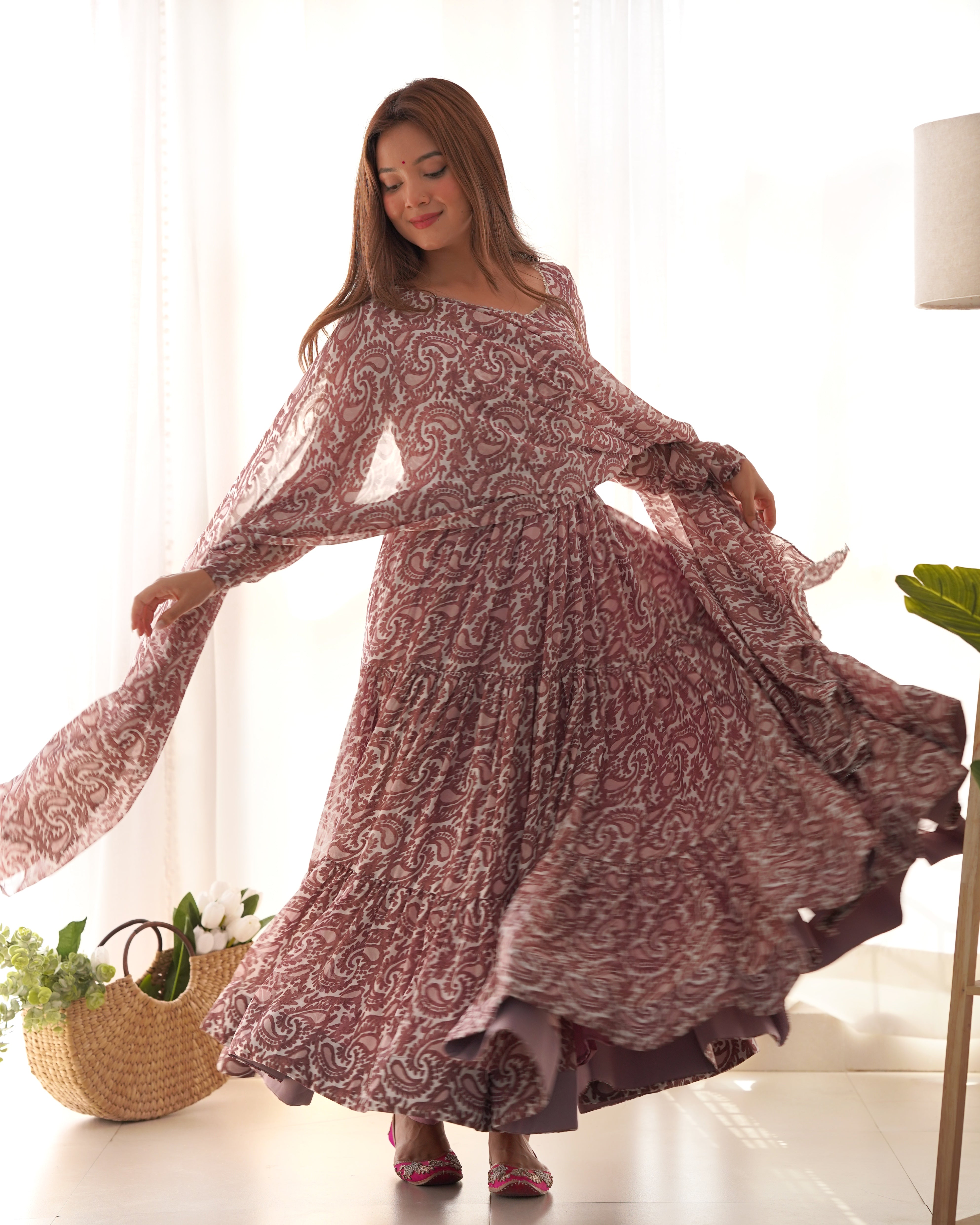 Digitally Printed Pure Soft Organza Anarkali Suit With Huge Flair Comes With Duppatta & Pant