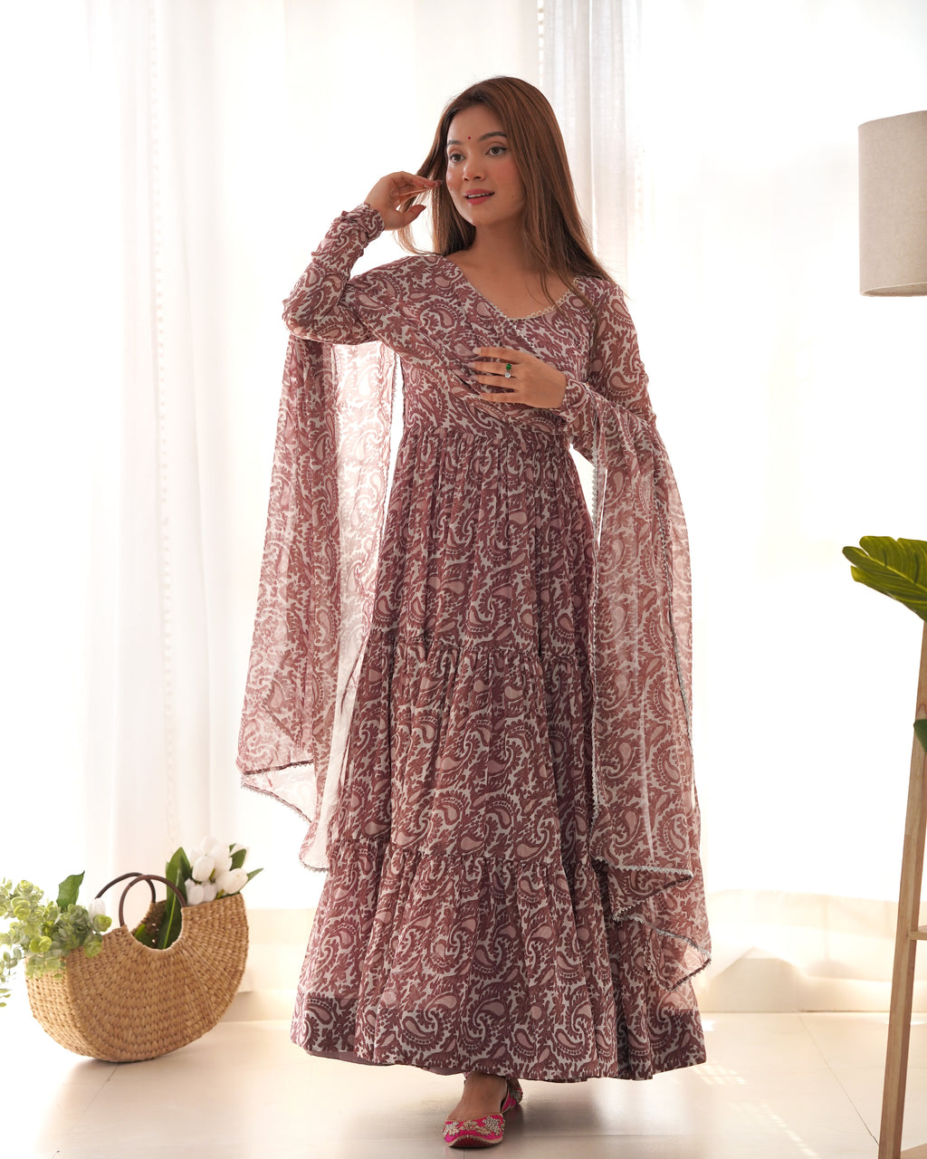 Digitally Printed Pure Soft Organza Anarkali Suit With Huge Flair Comes With Duppatta & Pant