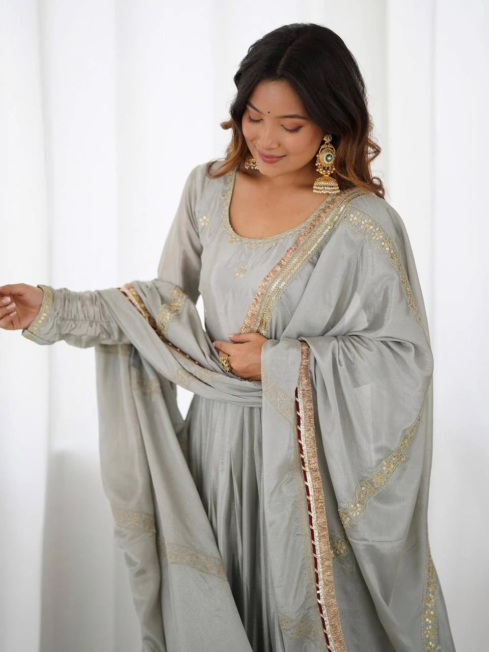 Pure Chinon Silk Thread with Sequence Work Women Gown Set
