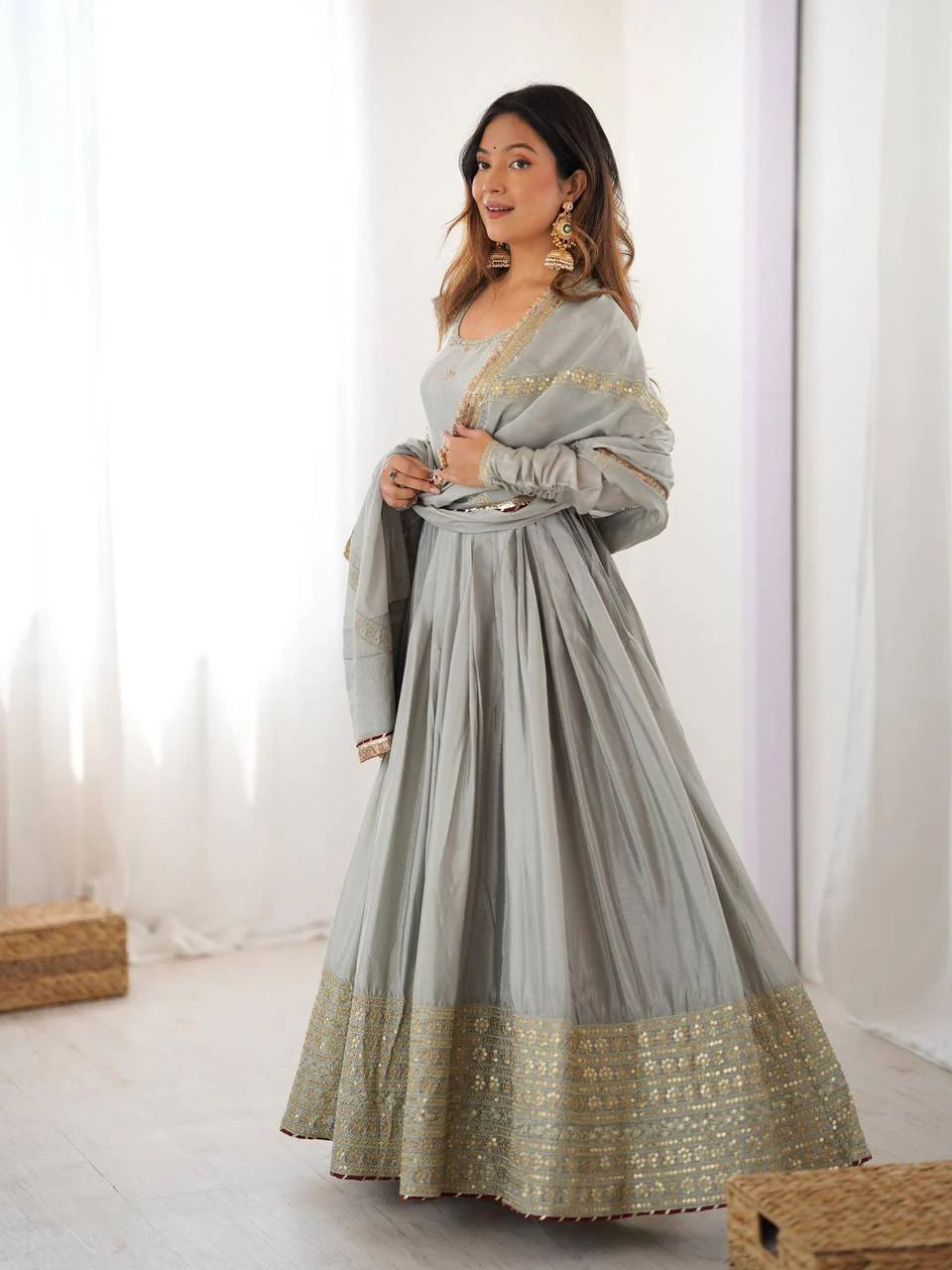 Pure Chinon Silk Thread with Sequence Work Women Gown Set